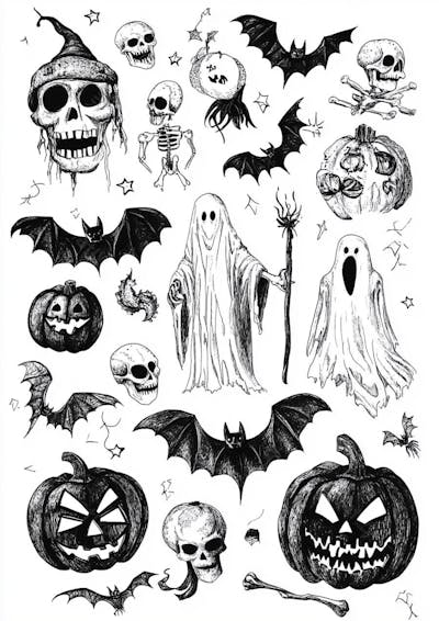 Um desenho detalhado de vários símbolos do Halloween_131