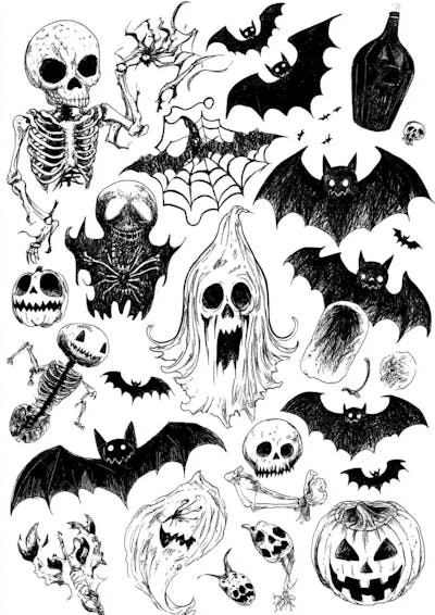 Um desenho detalhado de vários símbolos do Halloween_133