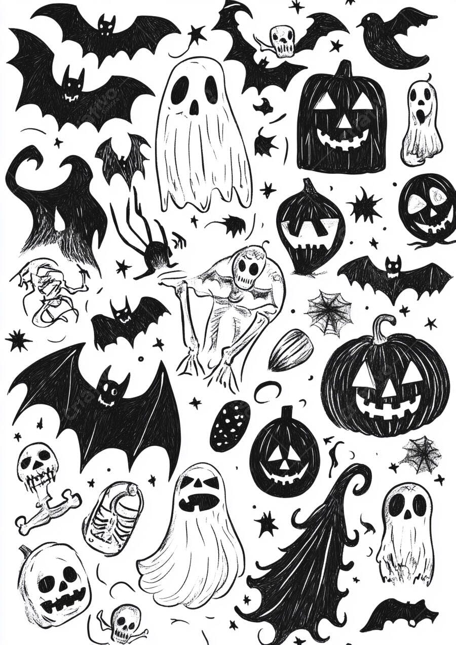 Ilustrações de Halloween em preto e branco