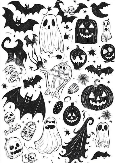 Um desenho detalhado de vários símbolos do Halloween_140