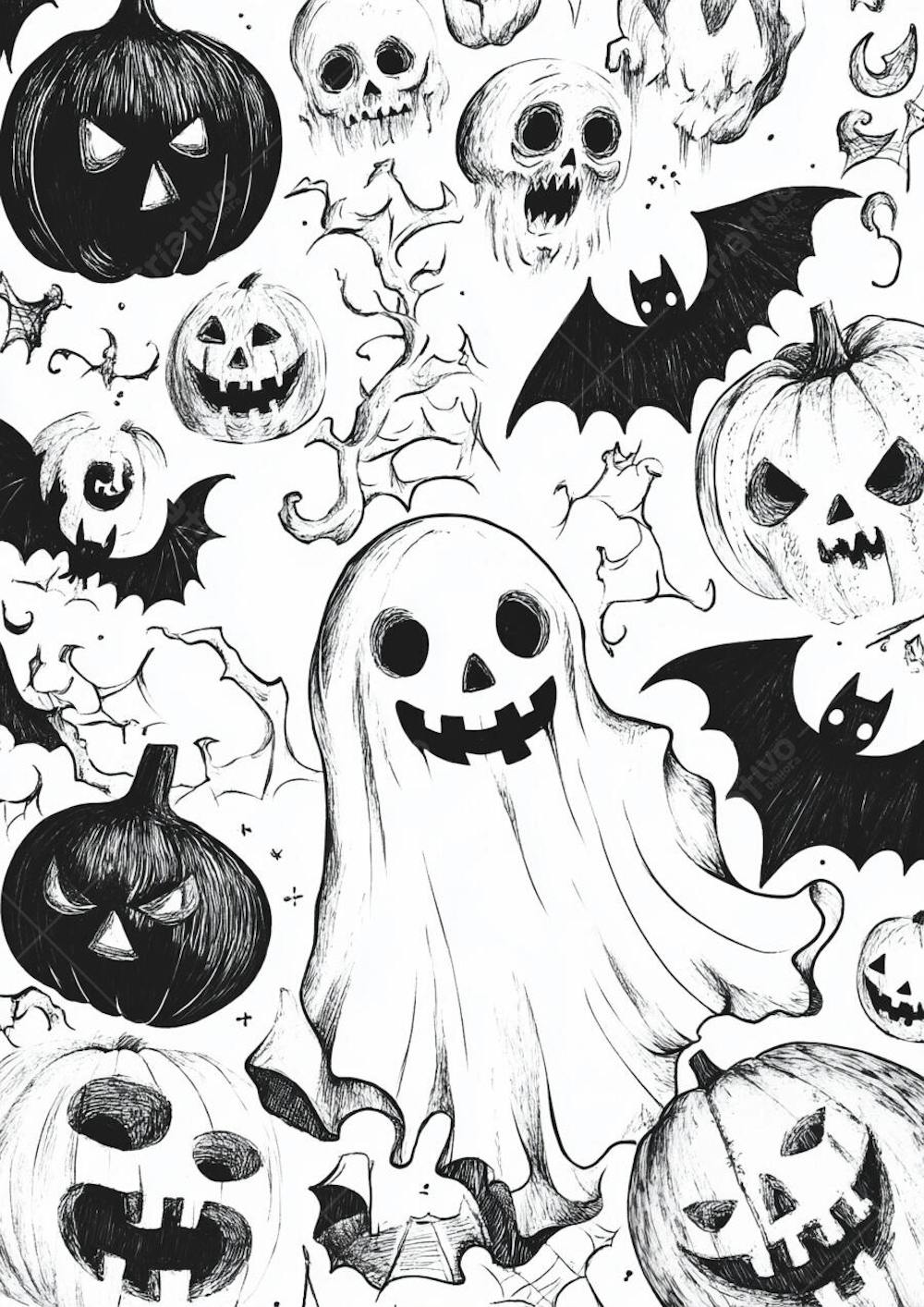 Um desenho detalhado de vários símbolos do Halloween_129