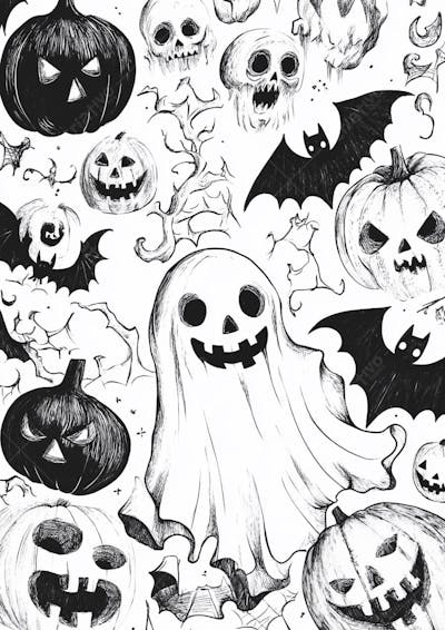 Um desenho detalhado de vários símbolos do Halloween_129