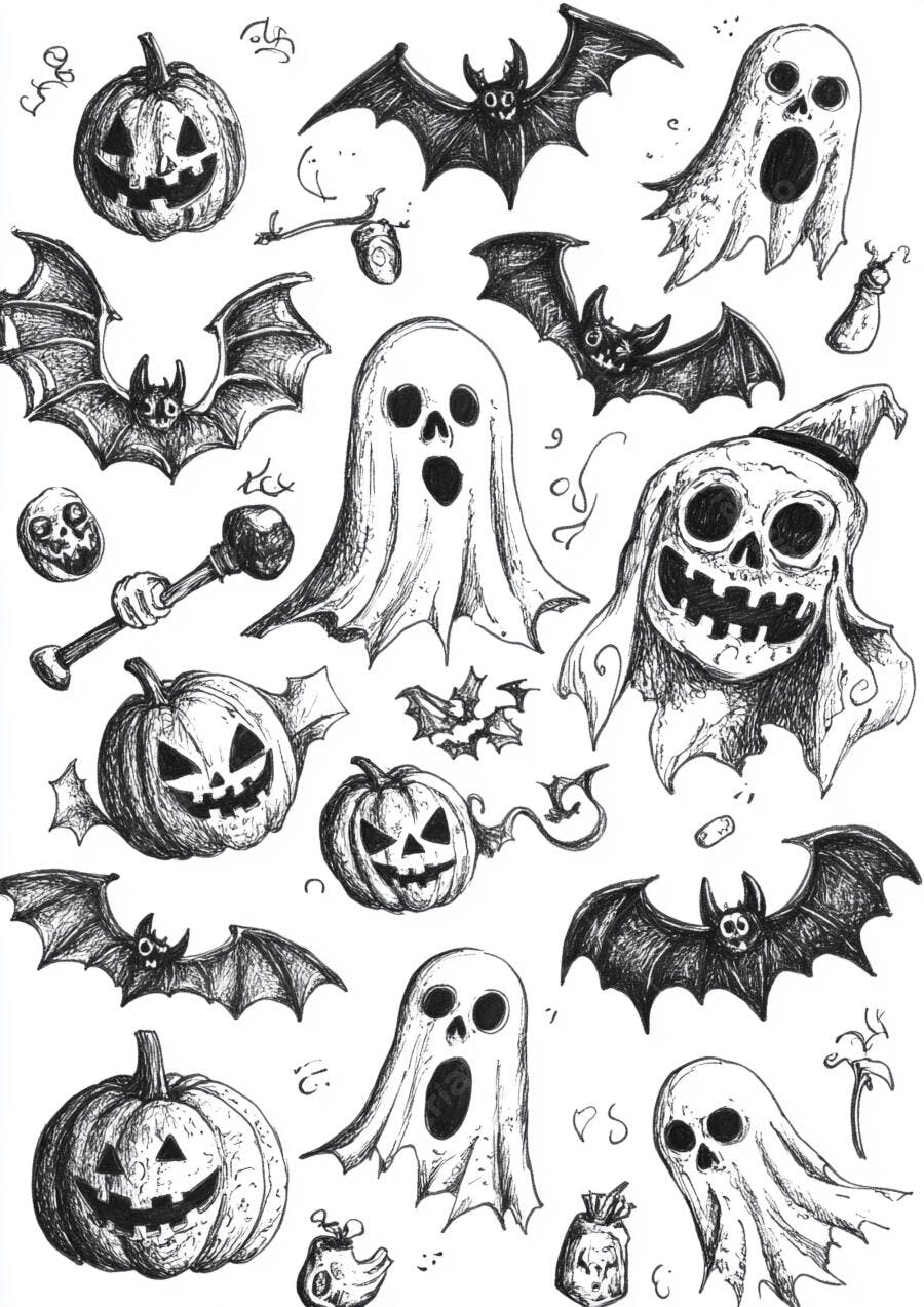 Ilustrações de Halloween abóboras fantasmas e morcegos