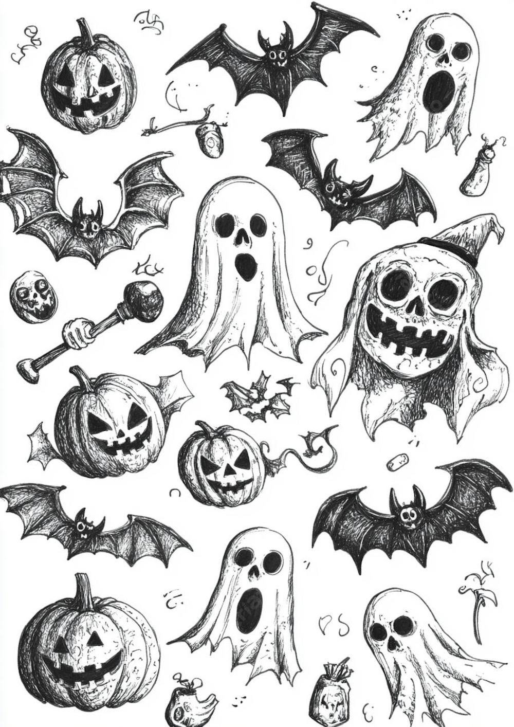 Um desenho detalhado de vários símbolos do Halloween_143