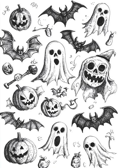 Um desenho detalhado de vários símbolos do Halloween_143