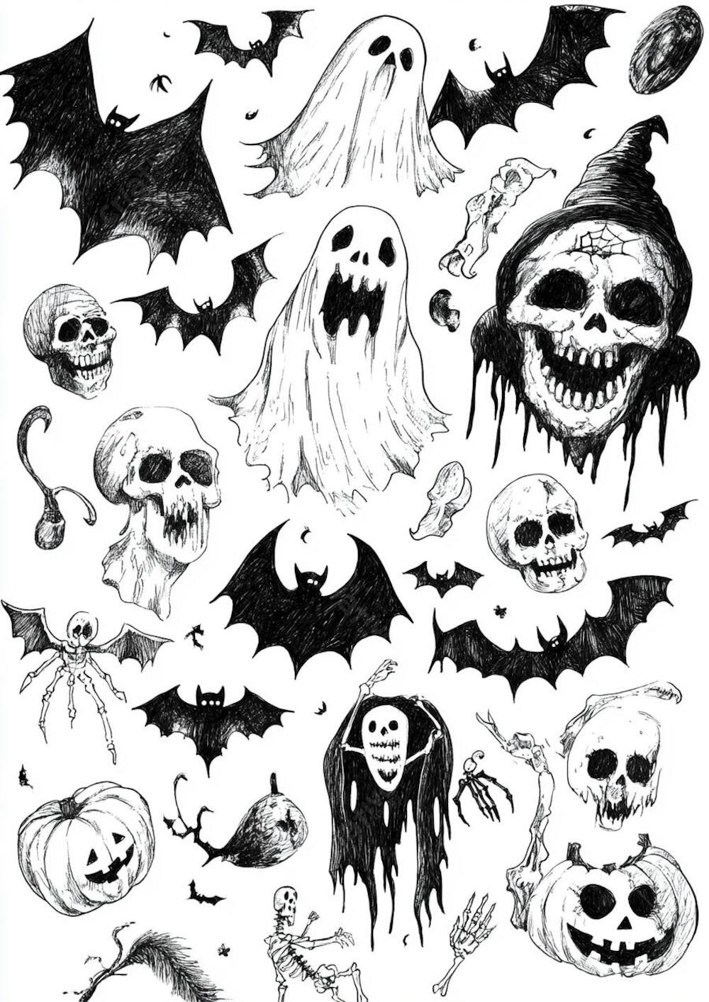 Um desenho detalhado de vários símbolos do Halloween_142