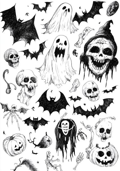 Um desenho detalhado de vários símbolos do Halloween_142