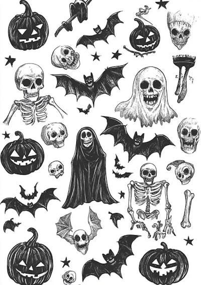 Um desenho detalhado de vários símbolos do Halloween_148