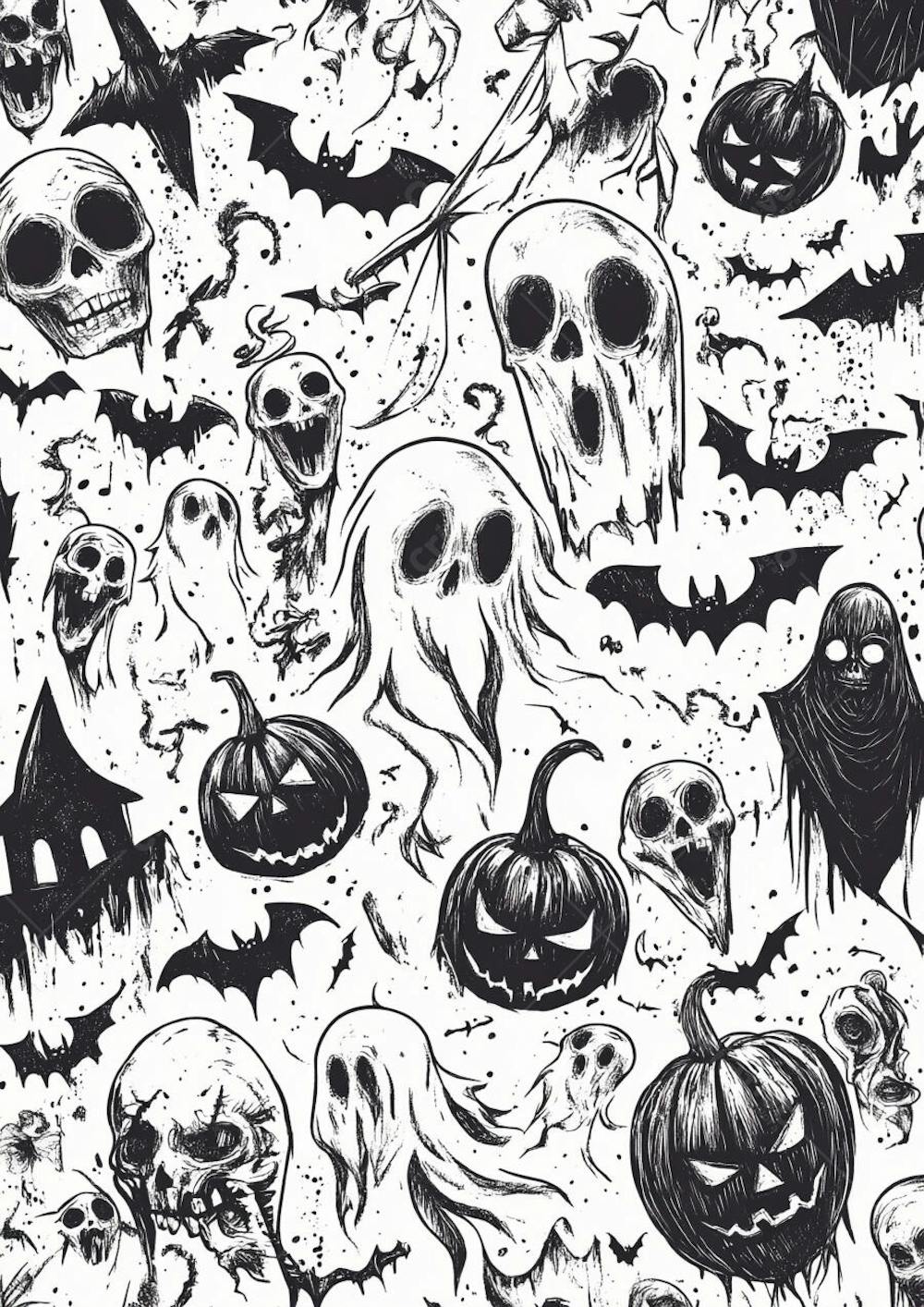 Um desenho detalhado de vários símbolos do Halloween_118