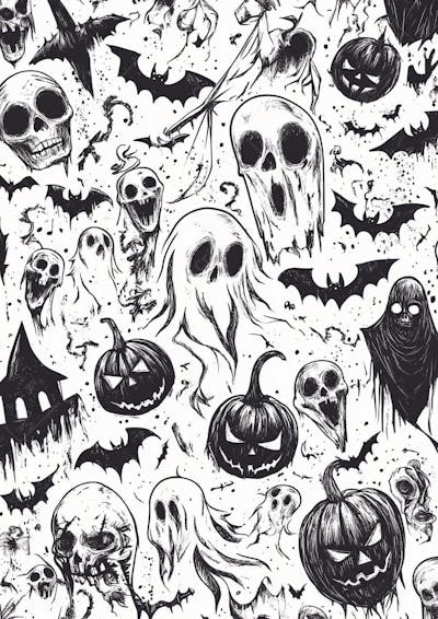 Um desenho detalhado de vários símbolos do Halloween_118