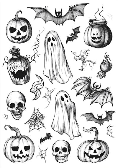 Um desenho detalhado de vários símbolos do Halloween_155