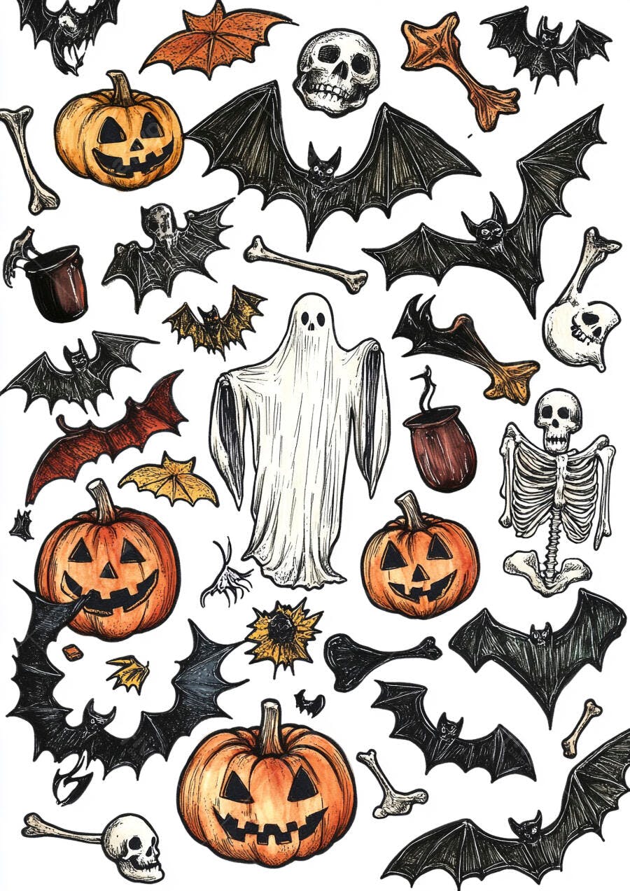 Ilustração Halloween abóboras morcegos fantasmas