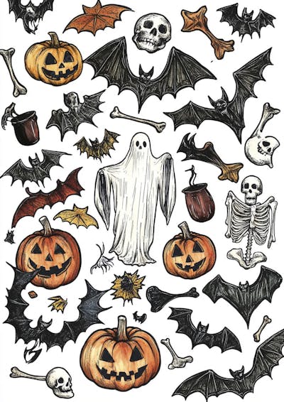 Um desenho detalhado de vários símbolos do Halloween_125