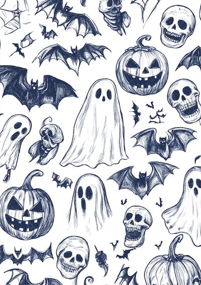 Um desenho detalhado de vários símbolos do Halloween_136