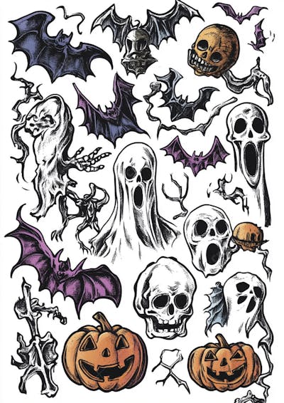 Um desenho detalhado de vários símbolos do Halloween_139