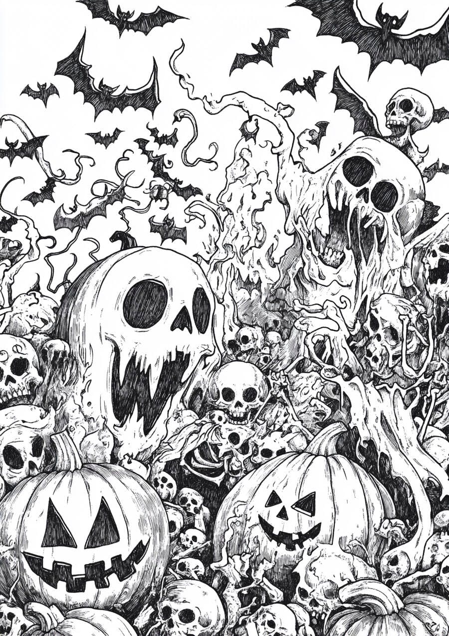 Abóbora de Halloween com caveiras e morcegos