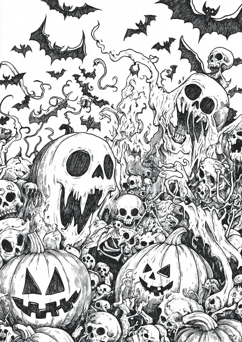 Um desenho detalhado de vários símbolos do Halloween_110