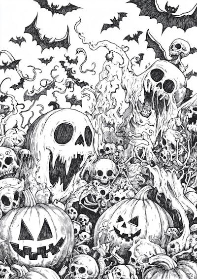 Um desenho detalhado de vários símbolos do Halloween_110