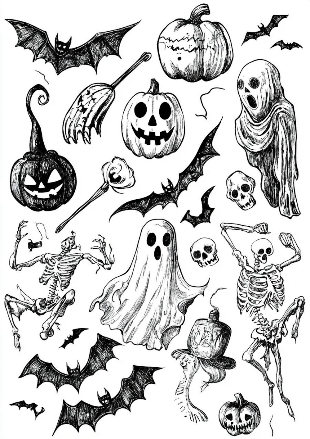 Um desenho detalhado de vários símbolos do Halloween_152