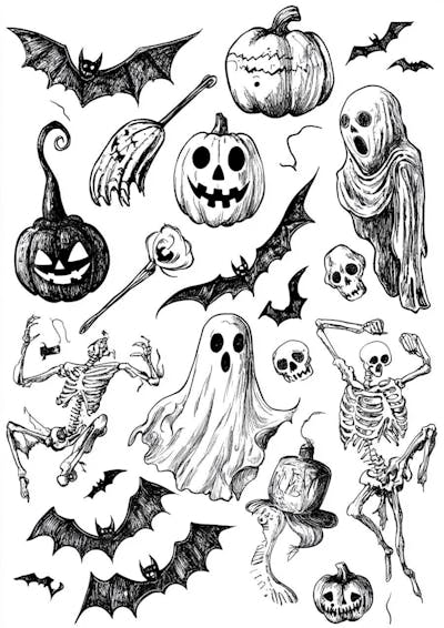 Um desenho detalhado de vários símbolos do Halloween_152