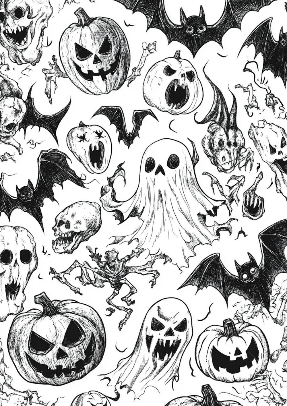 Um desenho detalhado de vários símbolos do Halloween_132