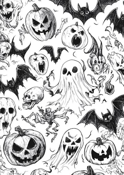 Um desenho detalhado de vários símbolos do Halloween_132