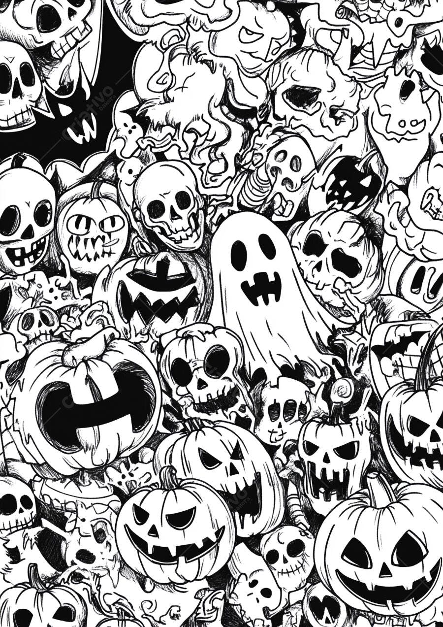 Abóbora e caveiras desenho Halloween