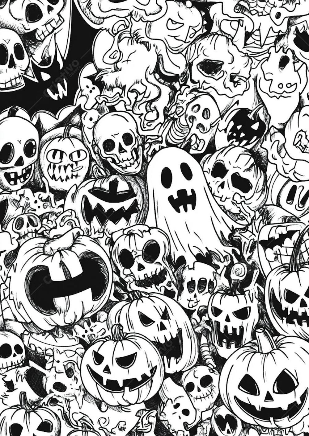 Um desenho detalhado de vários símbolos do Halloween_127