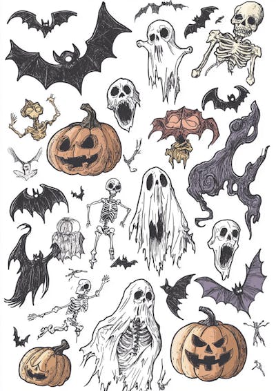 Um desenho detalhado de vários símbolos do Halloween_145