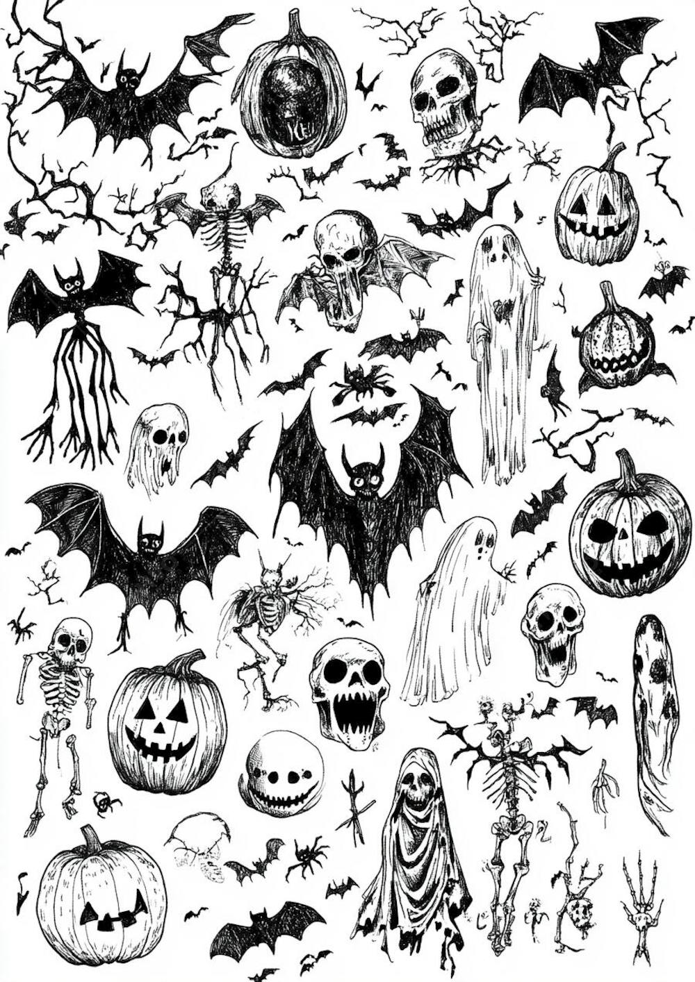 Um desenho detalhado de vários símbolos do Halloween_137