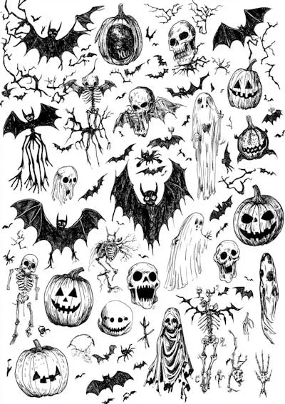 Um desenho detalhado de vários símbolos do Halloween_137
