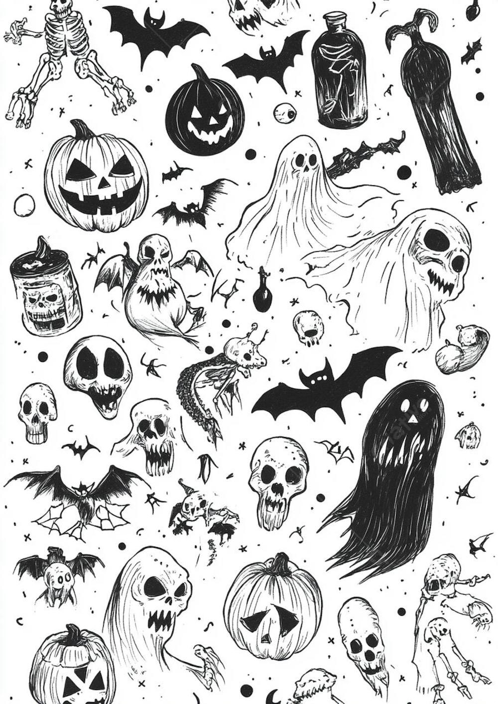 Um desenho detalhado de vários símbolos do Halloween_154