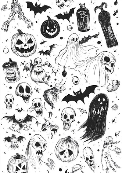 Um desenho detalhado de vários símbolos do Halloween_154