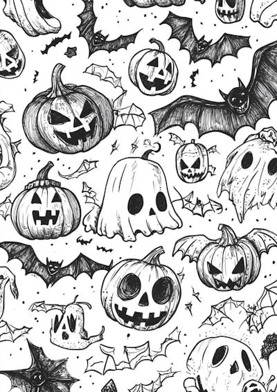 Um desenho detalhado de vários símbolos do Halloween_153