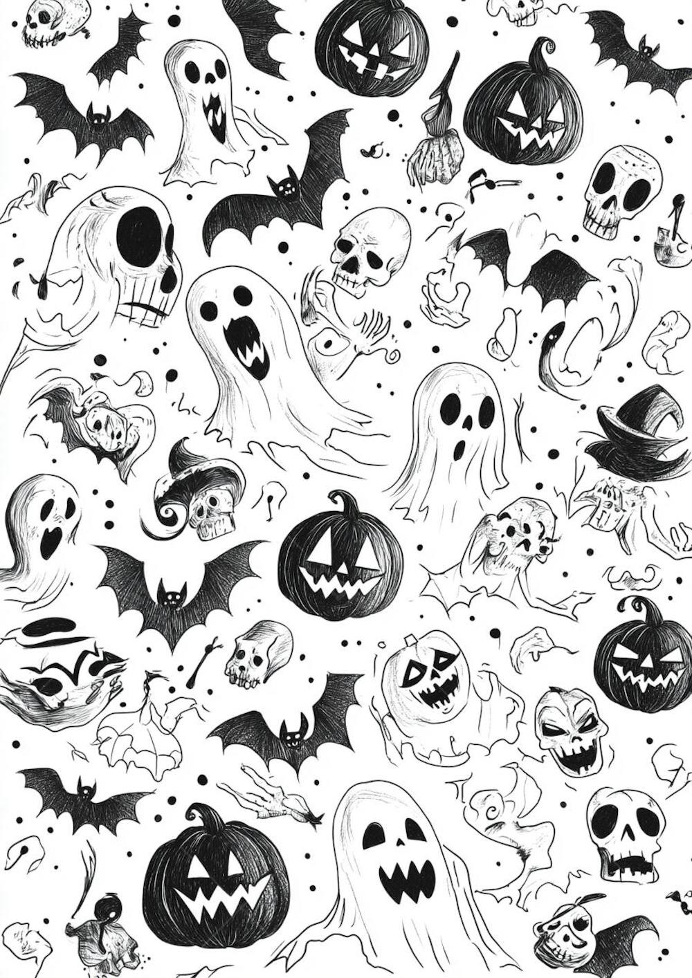 Um desenho detalhado de vários símbolos do Halloween_157