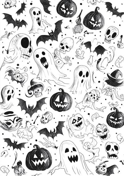 Um desenho detalhado de vários símbolos do Halloween_157