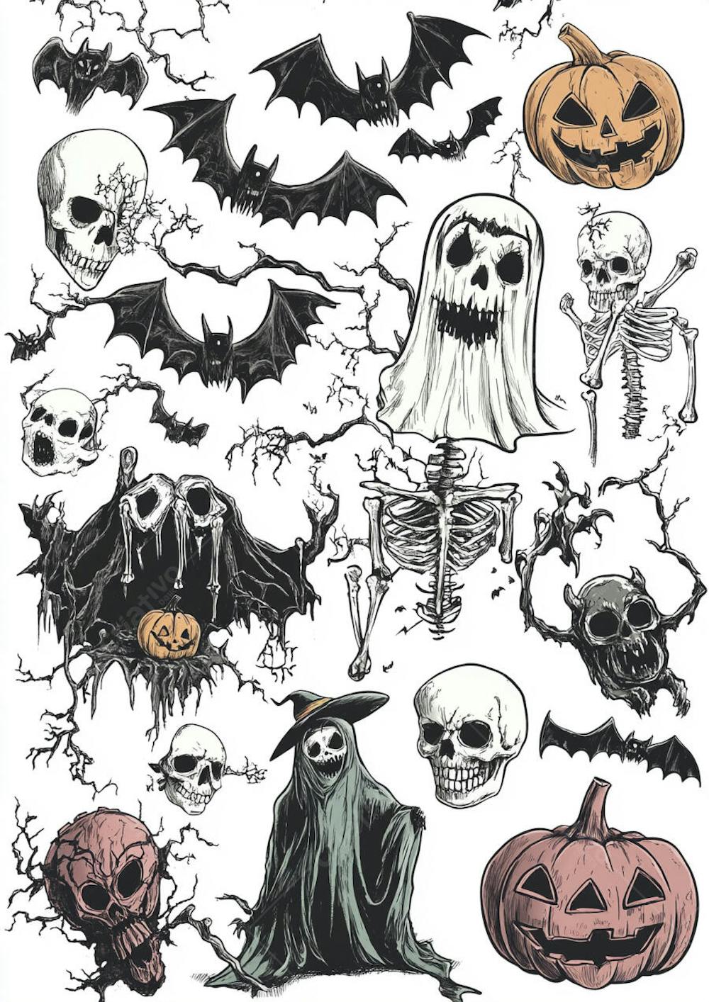 Um desenho detalhado de vários símbolos do Halloween_146