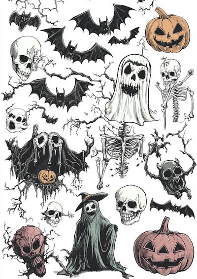 Um desenho detalhado de vários símbolos do Halloween_146