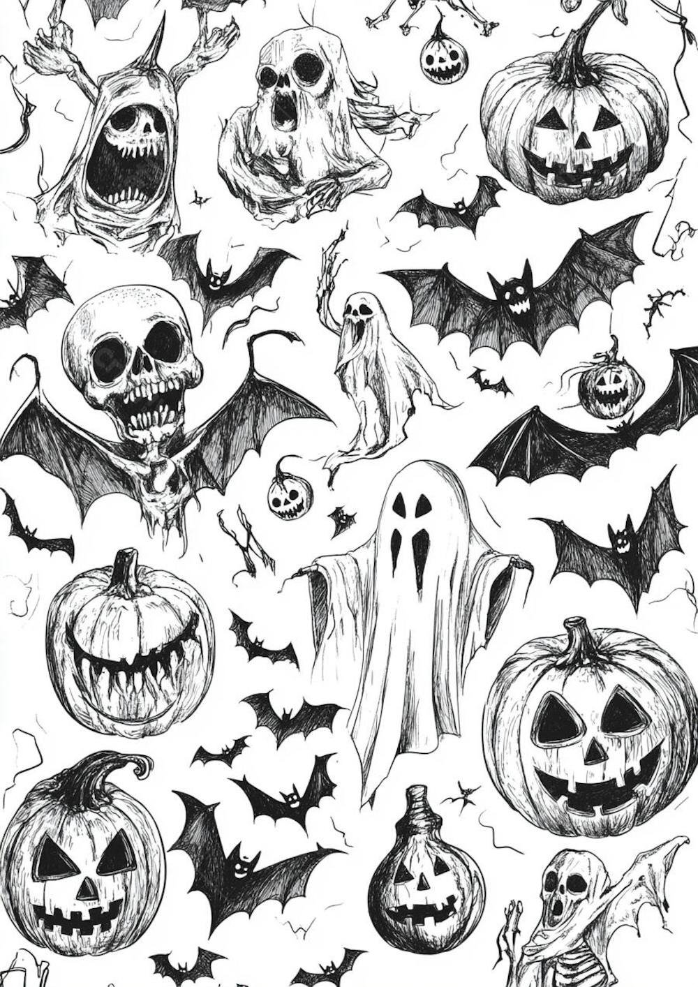 Um desenho detalhado de vários símbolos do Halloween_147