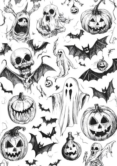 Um desenho detalhado de vários símbolos do Halloween_147