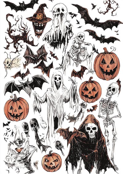 Um desenho detalhado de vários símbolos do Halloween_121