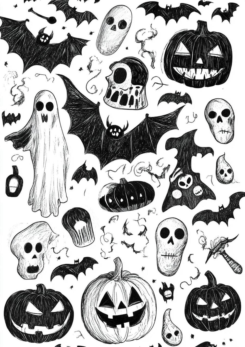 Um desenho detalhado de vários símbolos do Halloween_144