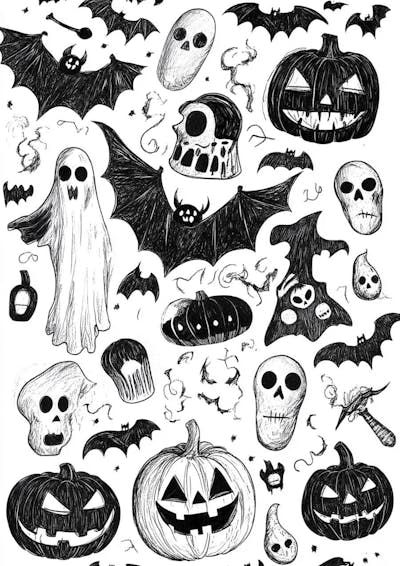 Um desenho detalhado de vários símbolos do Halloween_144