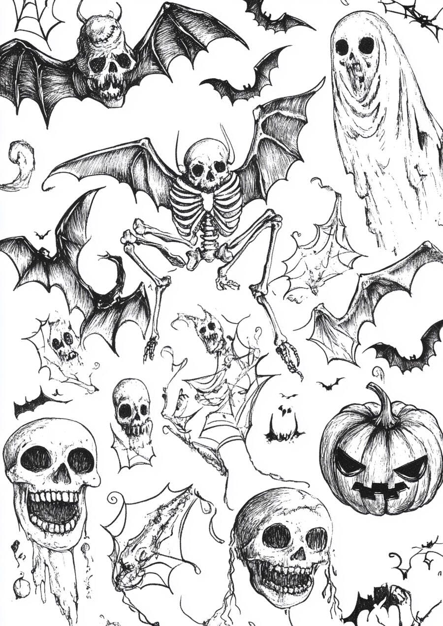 Ilustrações de Halloween caveiras morcegos e abóbora