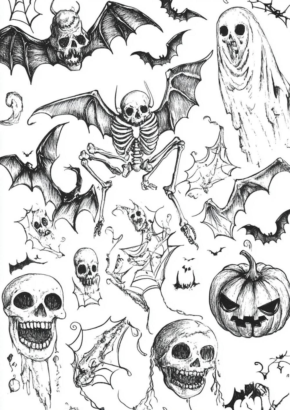 Um desenho detalhado de vários símbolos do Halloween_159