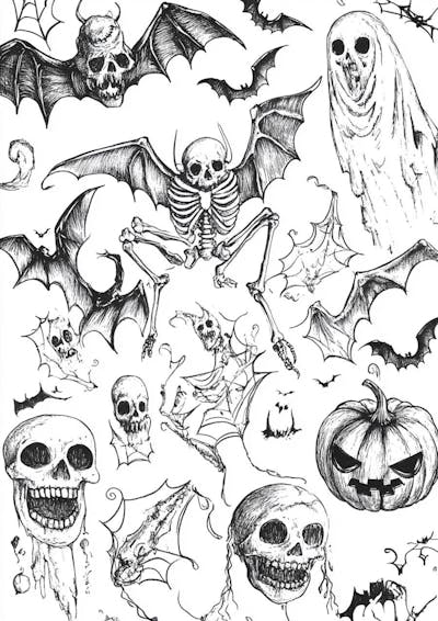 Um desenho detalhado de vários símbolos do Halloween_159