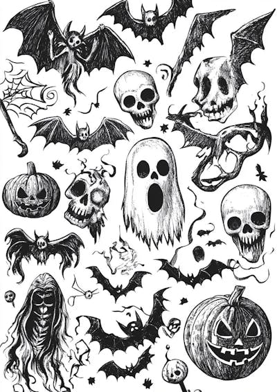 Um desenho detalhado de vários símbolos do Halloween_150