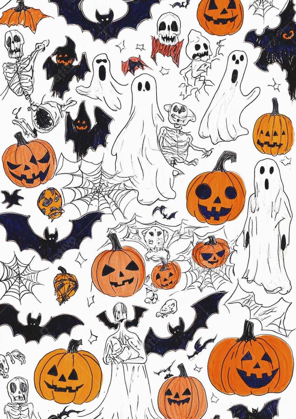 Um desenho detalhado de vários símbolos do Halloween_135