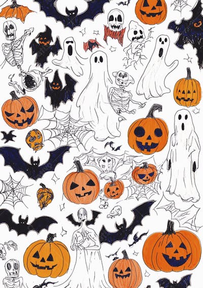 Um desenho detalhado de vários símbolos do Halloween_135