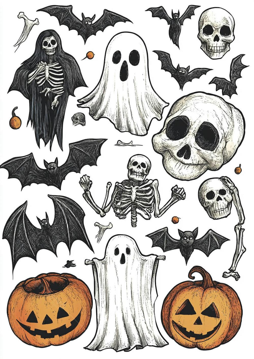 Um desenho detalhado de vários símbolos do Halloween_156